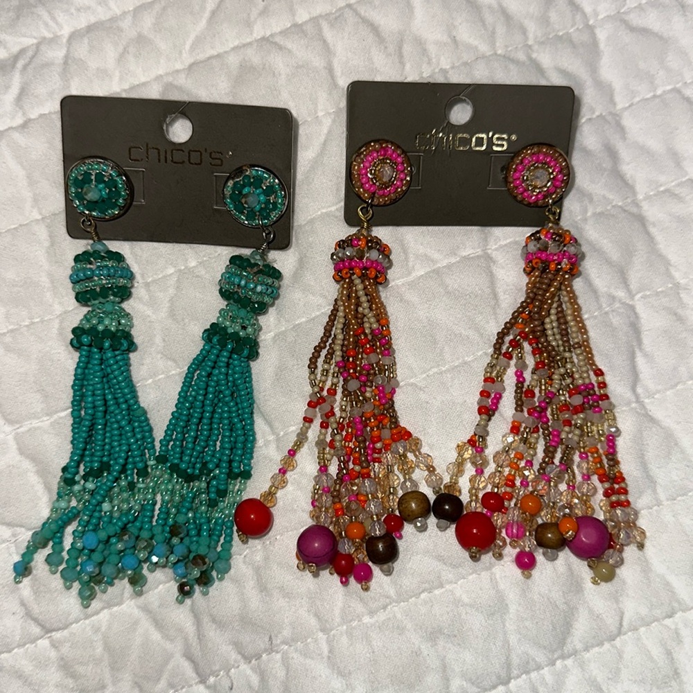 Chico's Teal and Multicolor Beaded Tassel Earrings